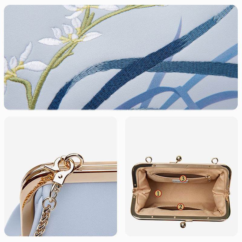 Embroidery Leather Blue Chain Kiss Lock Clutch Handbag Orchid - SinoCultural -- P220063 -