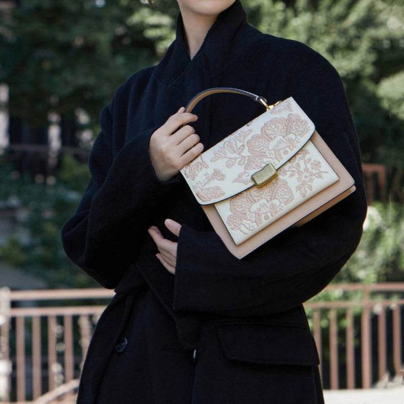 Embroidery Leather Peony Clutch Bag New Chinese Style Handbag - SinoCultural -- CXXB049PK