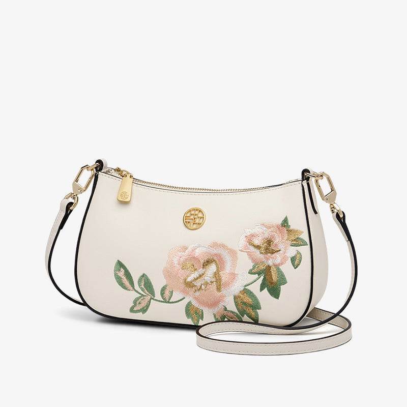 Embroidery Leather Peony Single Shoulder Hobo Bag - SinoCultural -- SC1606-T2