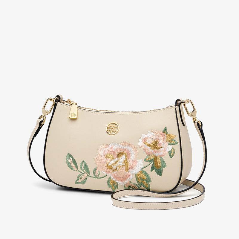 Embroidery Leather Peony Single Shoulder Hobo Bag - SinoCultural -- SC1606-T2