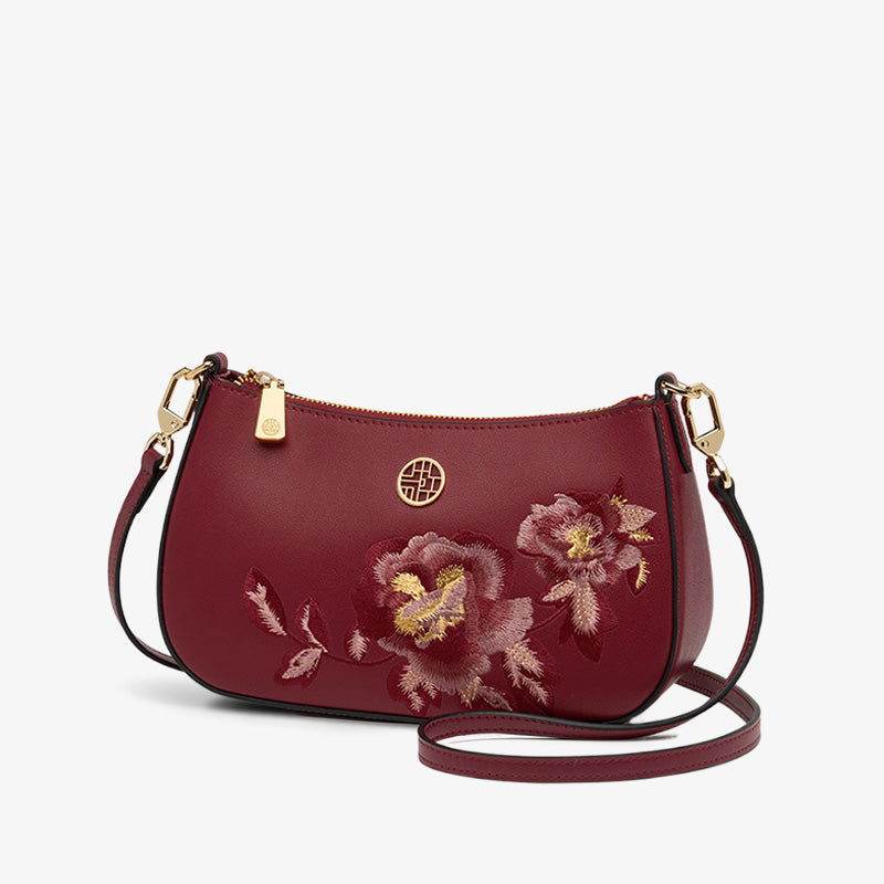 Embroidery Leather Peony Single Shoulder Hobo Bag - SinoCultural -- SC1606-T2