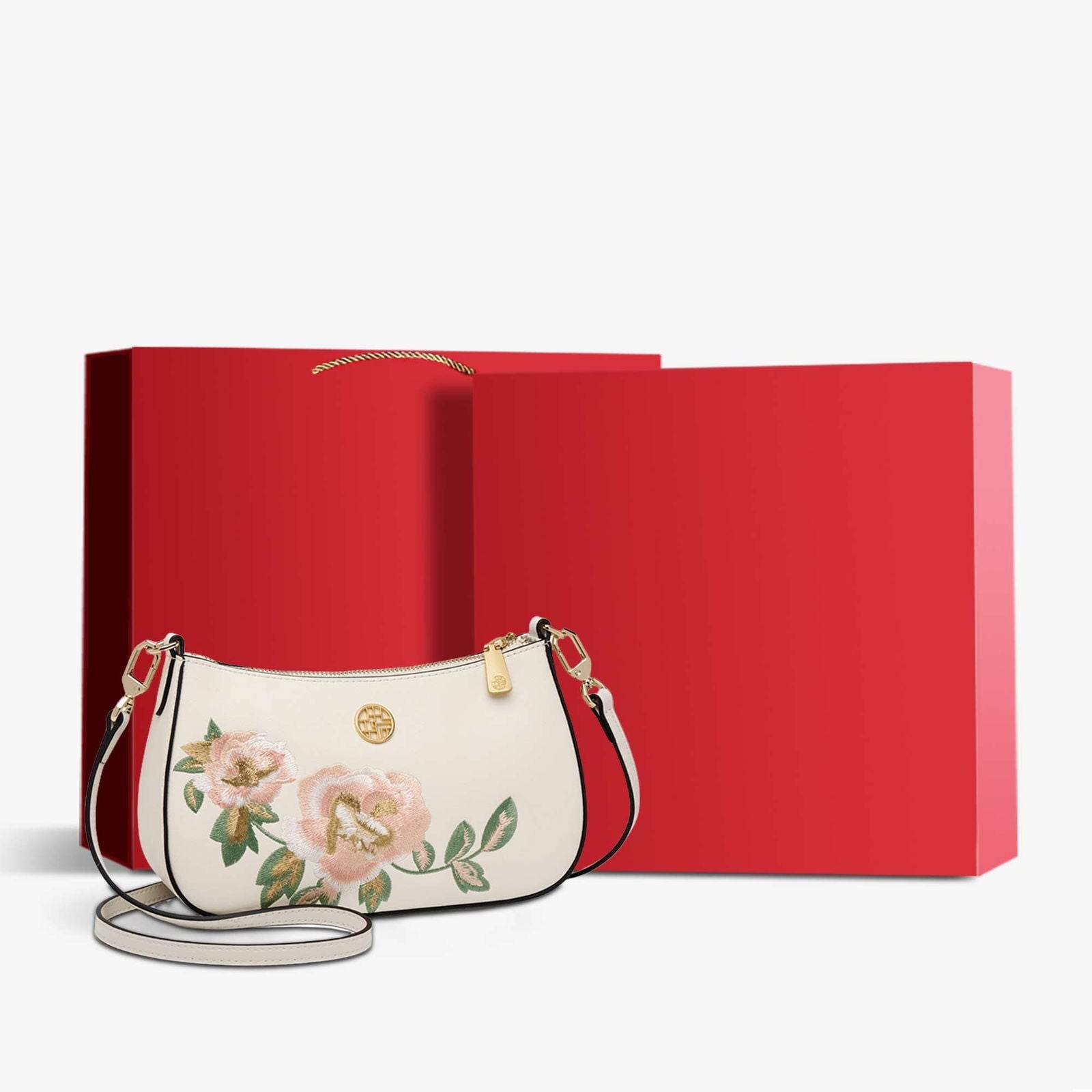 Embroidery Leather Peony Single Shoulder Hobo Bag - SinoCultural -- SC1606-T2
