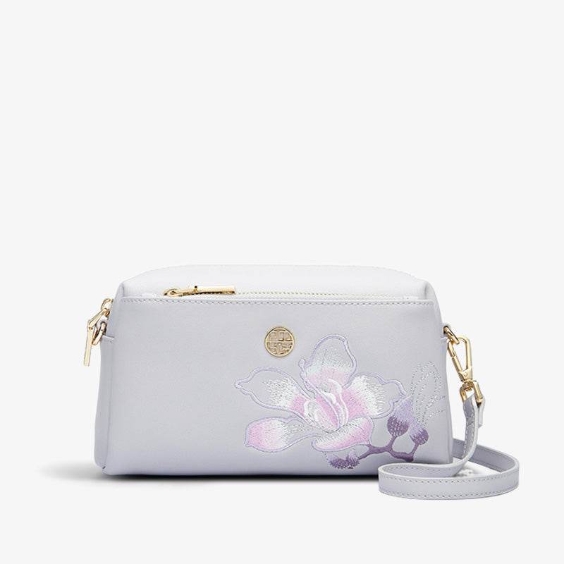 Embroidery Leather Purple Bauhinia Hand Clutch Wallet - SinoCultural -- P220276