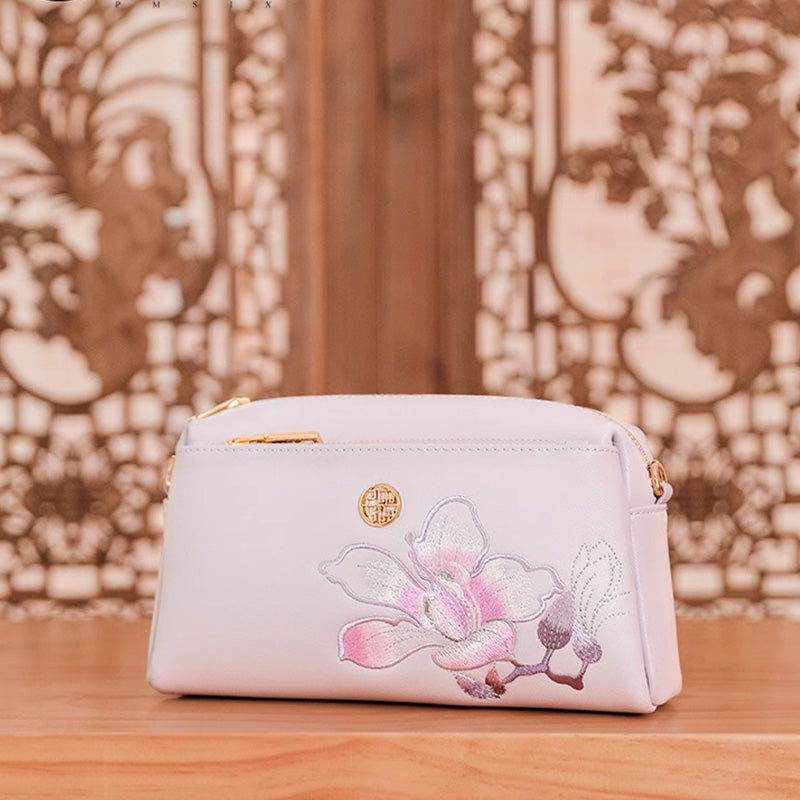Embroidery Leather Purple Bauhinia Hand Clutch Wallet - SinoCultural -- P220276