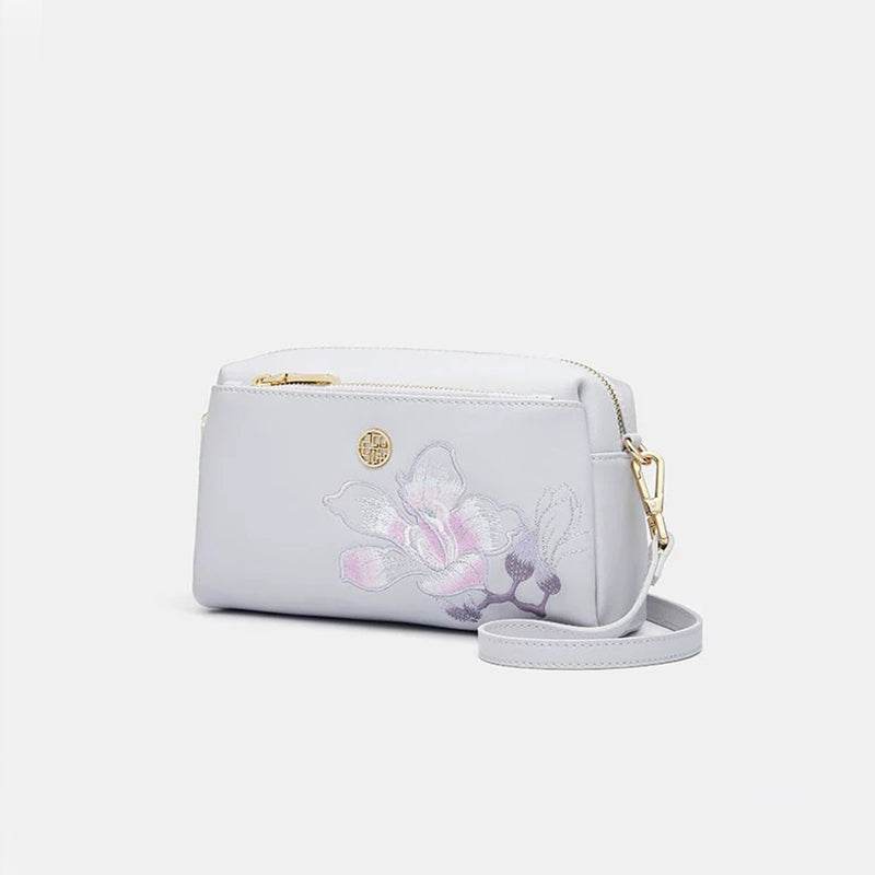 Embroidery Leather Purple Bauhinia Hand Clutch Wallet - SinoCultural