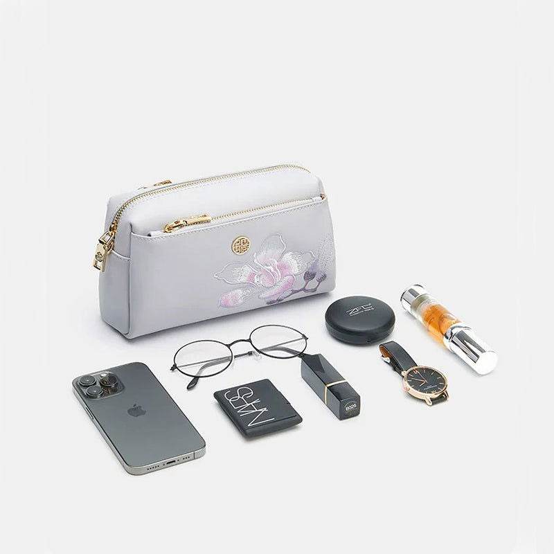 Embroidery Leather Purple Bauhinia Hand Clutch Wallet - SinoCultural