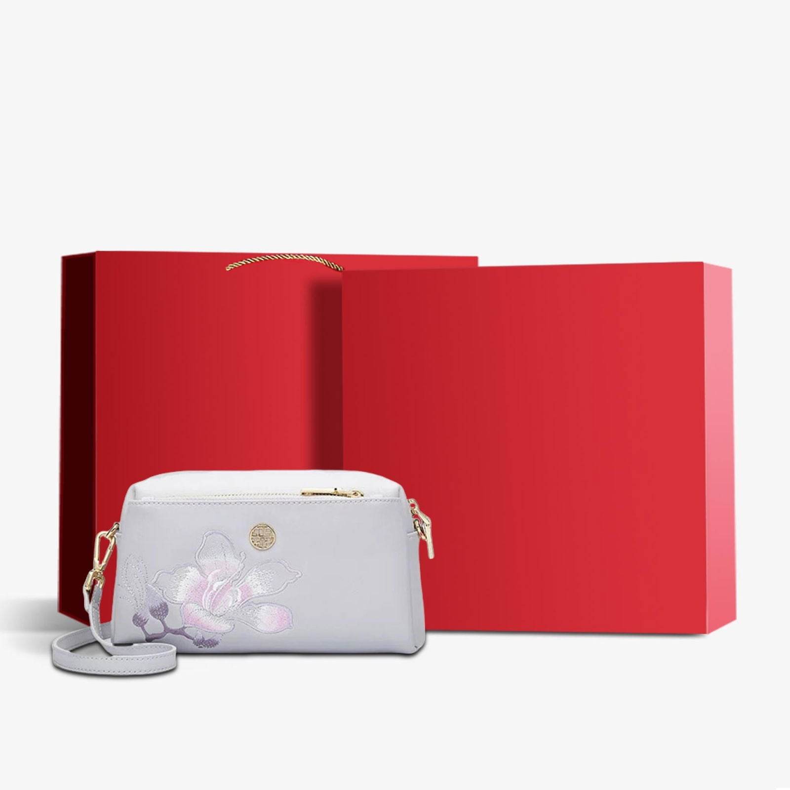 Embroidery Leather Purple Bauhinia Hand Clutch Wallet - SinoCultural