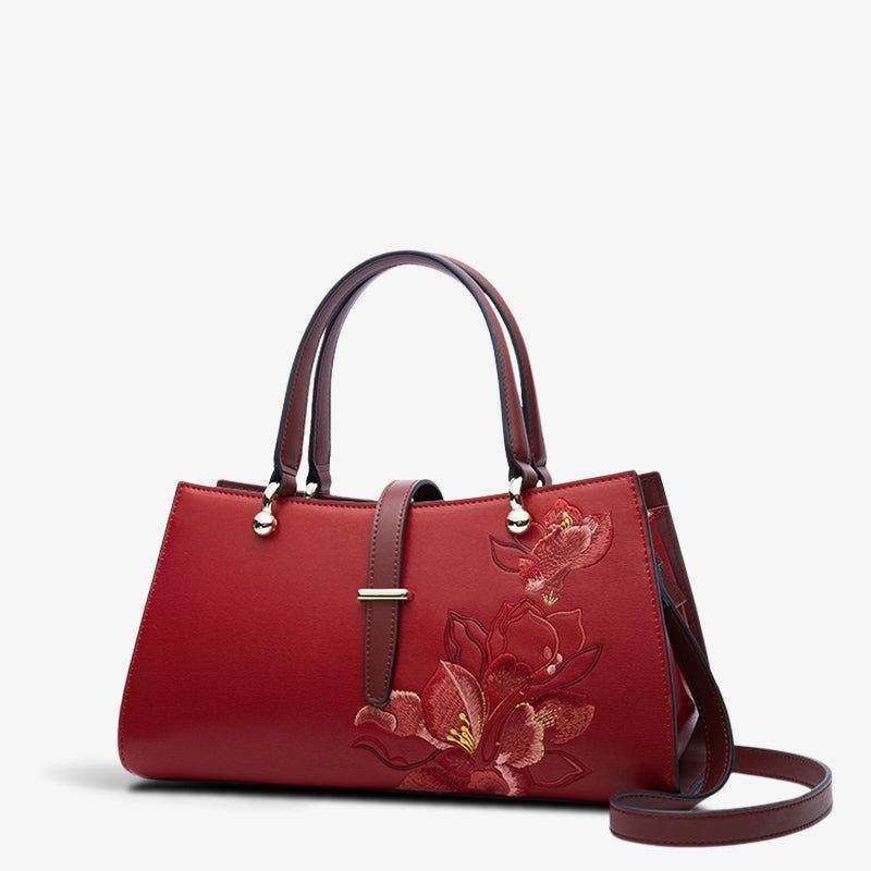 Embroidery Leather Red Magnolia Women's Crossbody Handbag - SinoCultural -- P220237