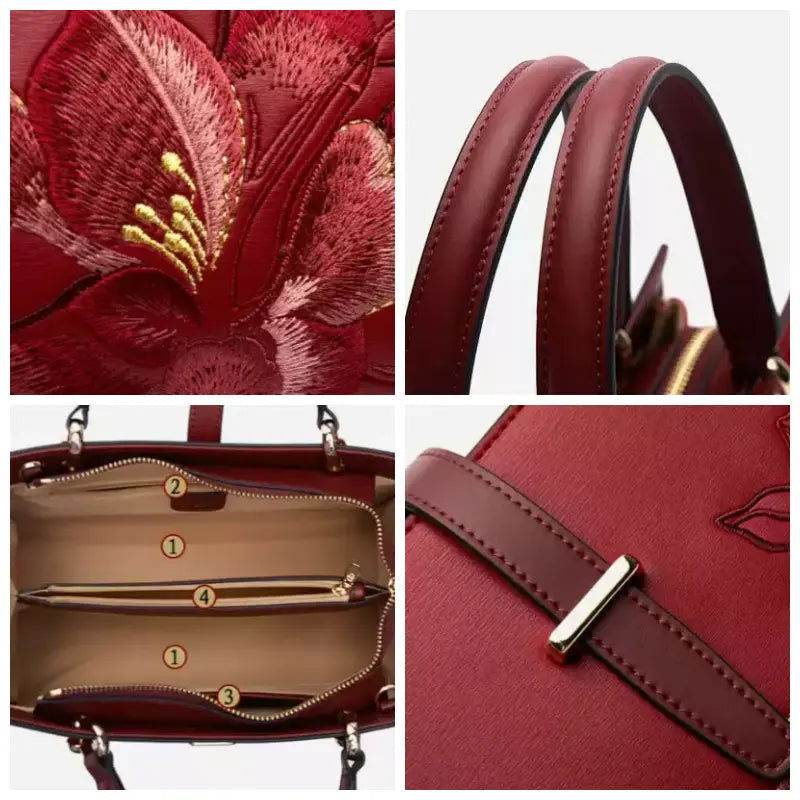 Embroidery Leather Red Magnolia Women's Crossbody Handbag - SinoCultural -- P220237