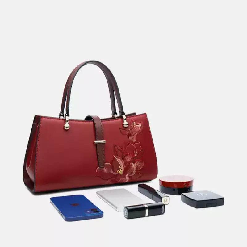 Embroidery Leather Red Magnolia Women's Crossbody Handbag - SinoCultural -- P220237