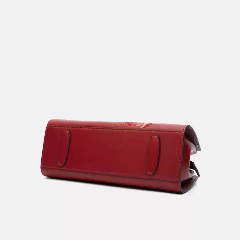 Embroidery Leather Red Magnolia Women's Crossbody Handbag - SinoCultural -- P220237