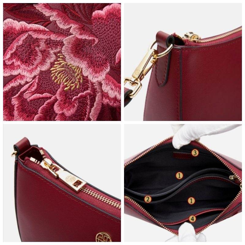 Embroidery Leather Red Shoulder Bag Peony Women's Hobo Handbag - SinoCultural -- P220212-1