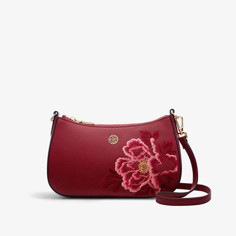 Embroidery Leather Red Shoulder Bag Peony Women's Hobo Handbag - SinoCultural -- P220212-1