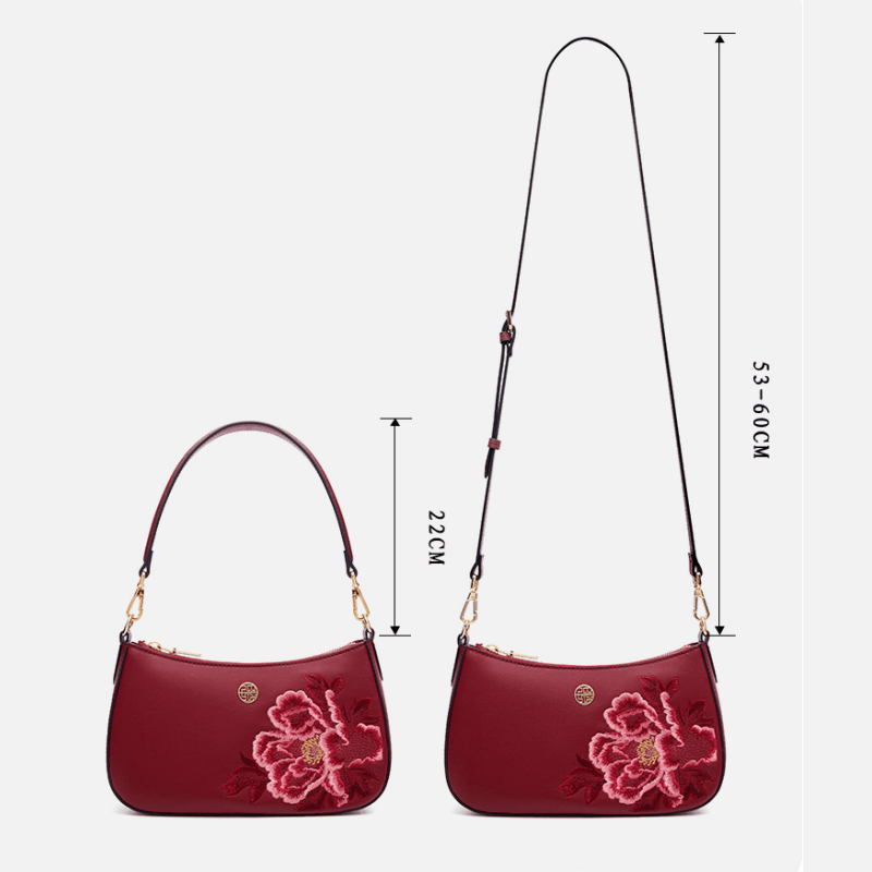 Embroidery Leather Red Shoulder Bag Peony Women's Hobo Handbag - SinoCultural -- P220212-1