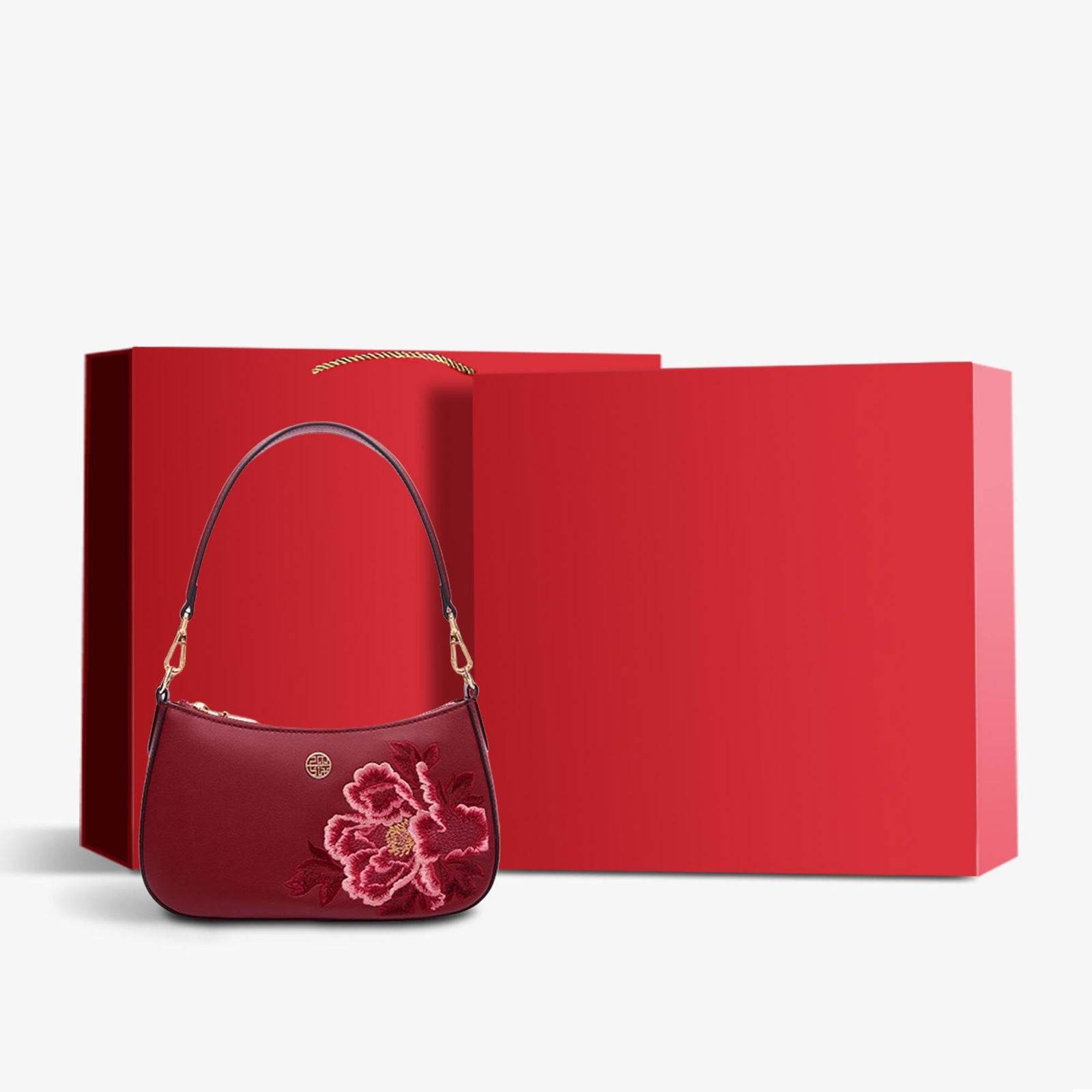 Embroidery Leather Red Shoulder Bag Peony Women's Hobo Handbag - SinoCultural -- P220212-1