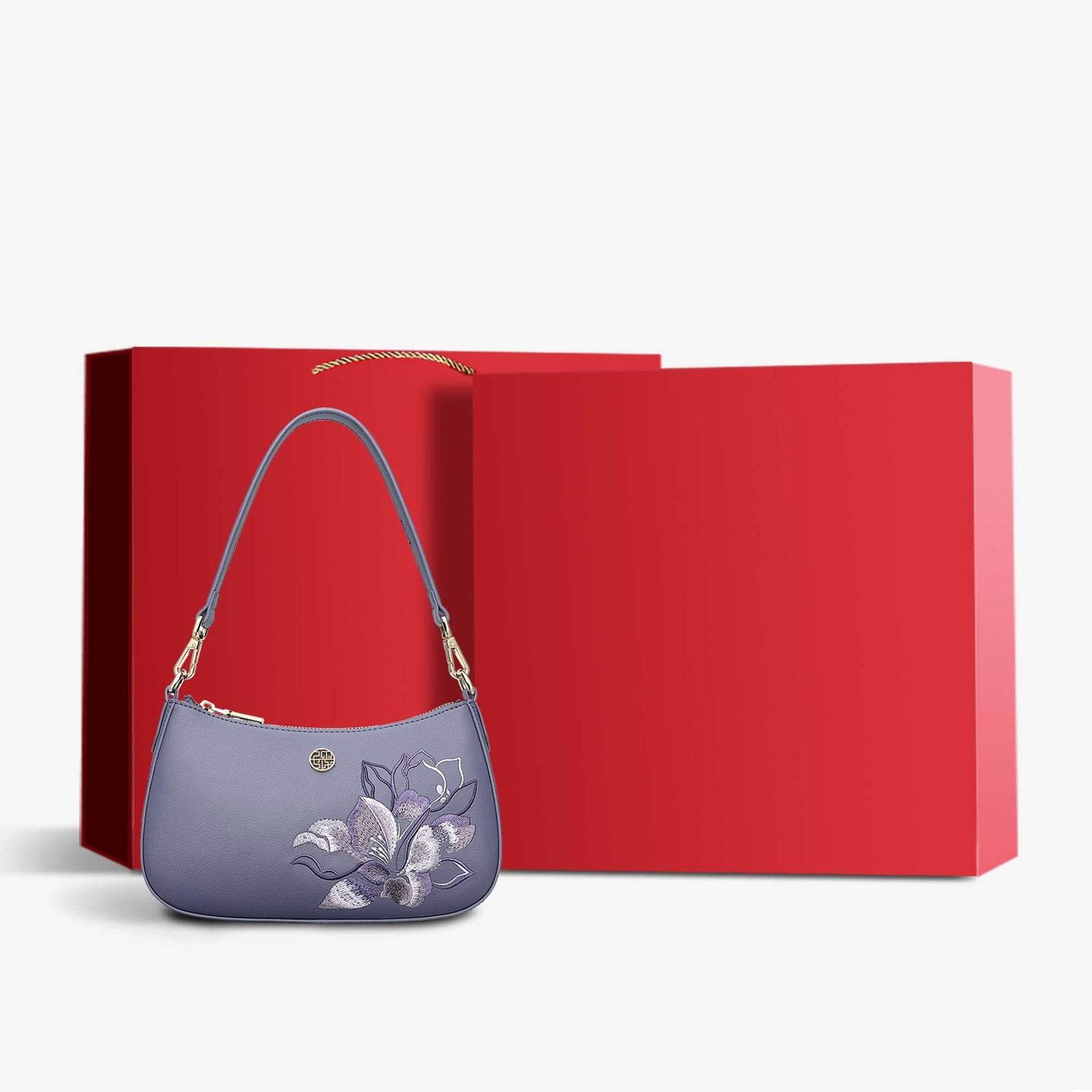 Embroidery Leather Red Shoulder Bag Peony Women's Hobo Handbag - SinoCultural -- P220212-1
