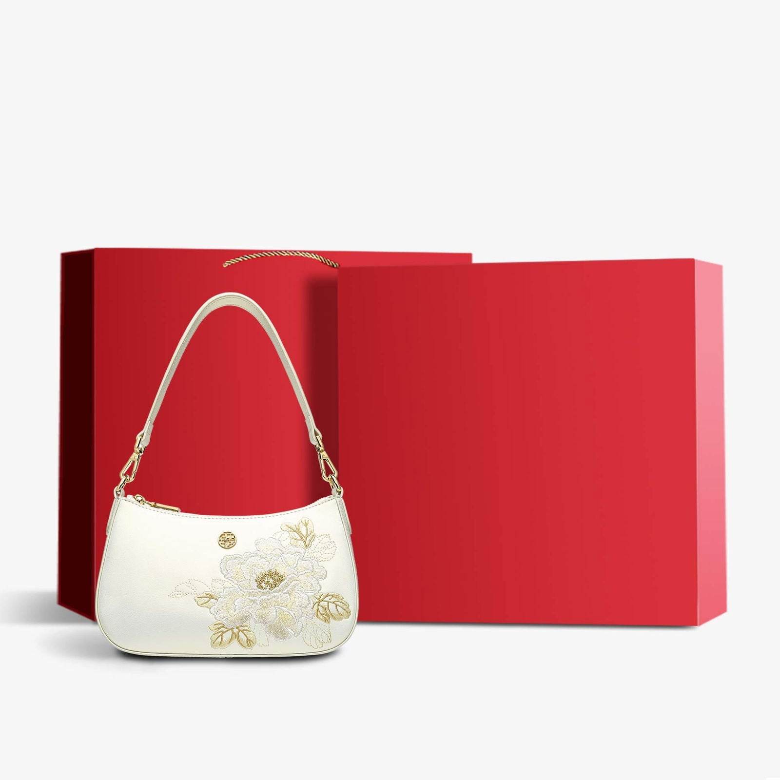 Embroidery Leather Red Shoulder Bag Peony Women's Hobo Handbag - SinoCultural -- P220212-1