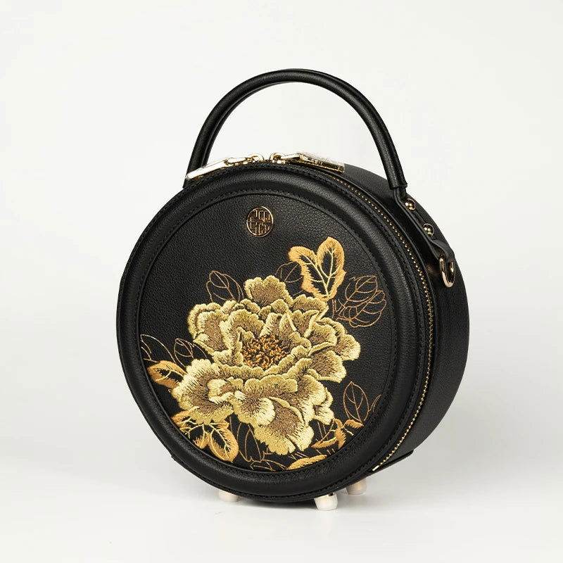 Embroidery Leather Round Handbag High Luxury Royal Gold Peony - SinoCultural -- P110171