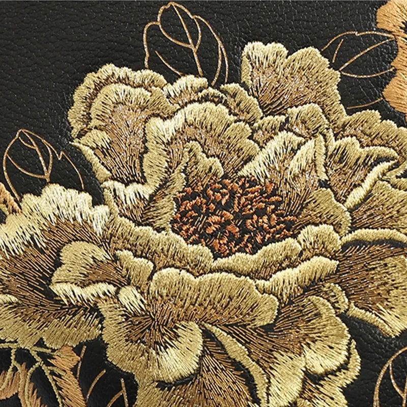 Embroidery Leather Round Handbag High Luxury Royal Gold Peony - SinoCultural -- P110171