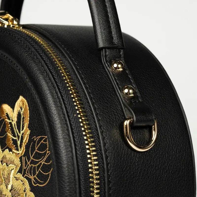 Embroidery Leather Round Handbag High Luxury Royal Gold Peony - SinoCultural -- P110171