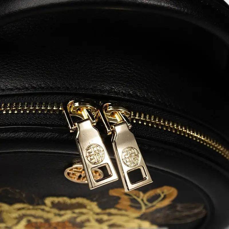Embroidery Leather Round Handbag High Luxury Royal Gold Peony - SinoCultural -- P110171