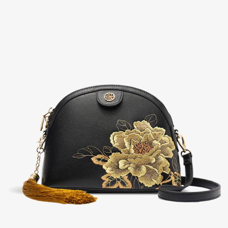 Embroidery Leather Shoulder Bag High Luxury Royal Gold Peony - SinoCultural -- P210079 -