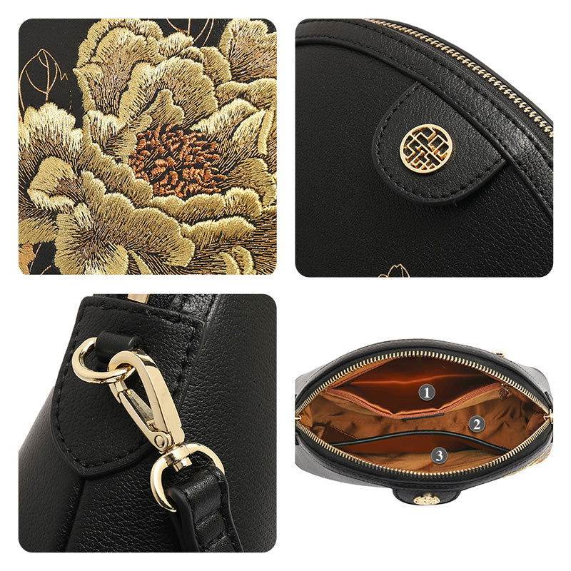 Embroidery Leather Shoulder Bag High Luxury Royal Gold Peony - SinoCultural -- P210079 -