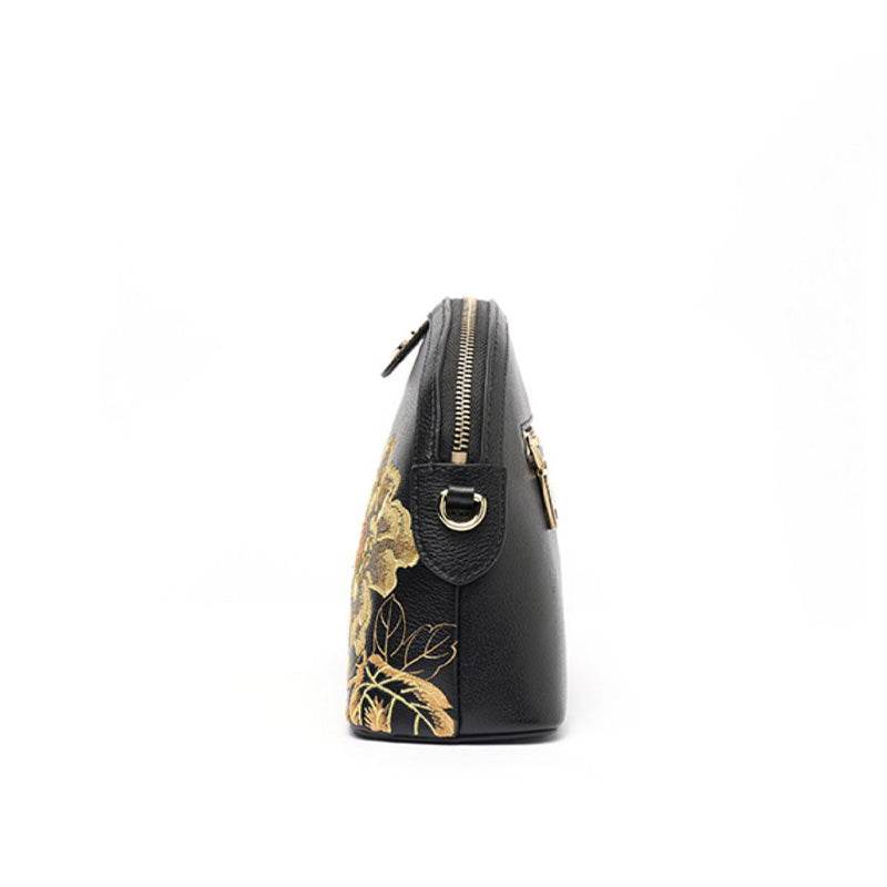 Embroidery Leather Shoulder Bag High Luxury Royal Gold Peony - SinoCultural -- P210079 -