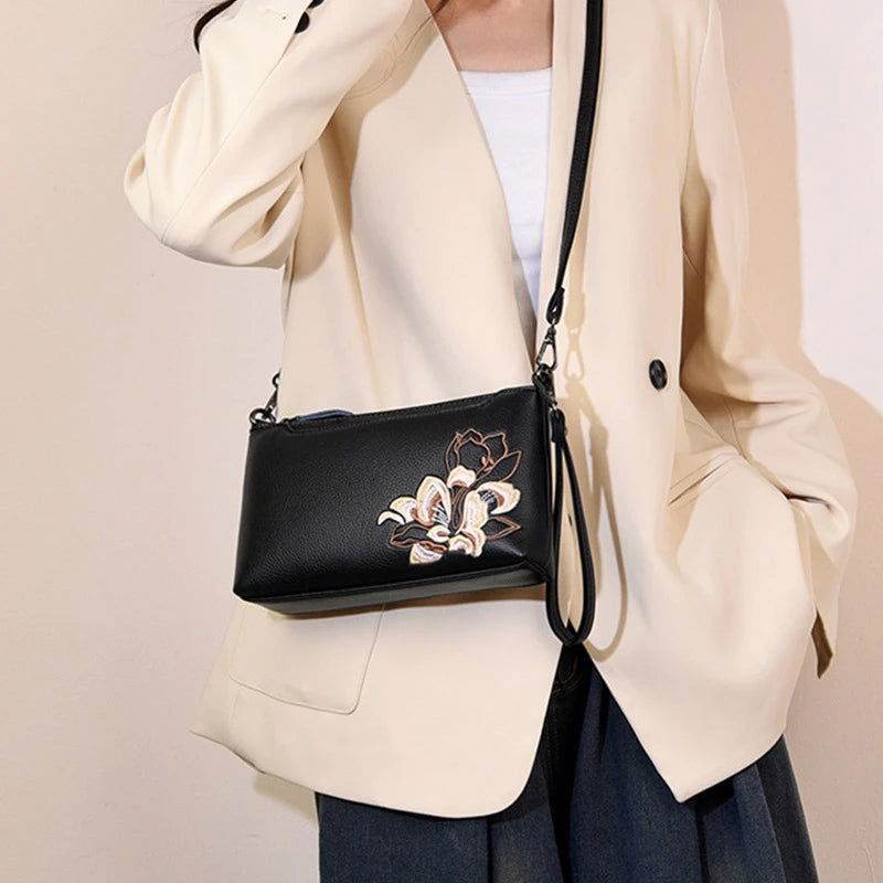 Embroidery Leather Shoulder Clutch Wallet Orchid - SinoCultural -- PWCD191-3