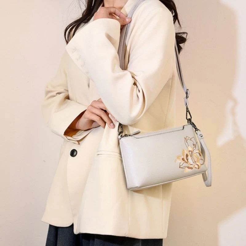 Embroidery Leather Shoulder Clutch Wallet Orchid - SinoCultural -- PWCD191-3