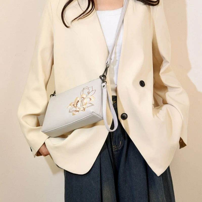 Embroidery Leather Shoulder Clutch Wallet Orchid - SinoCultural -- PWCD191-3