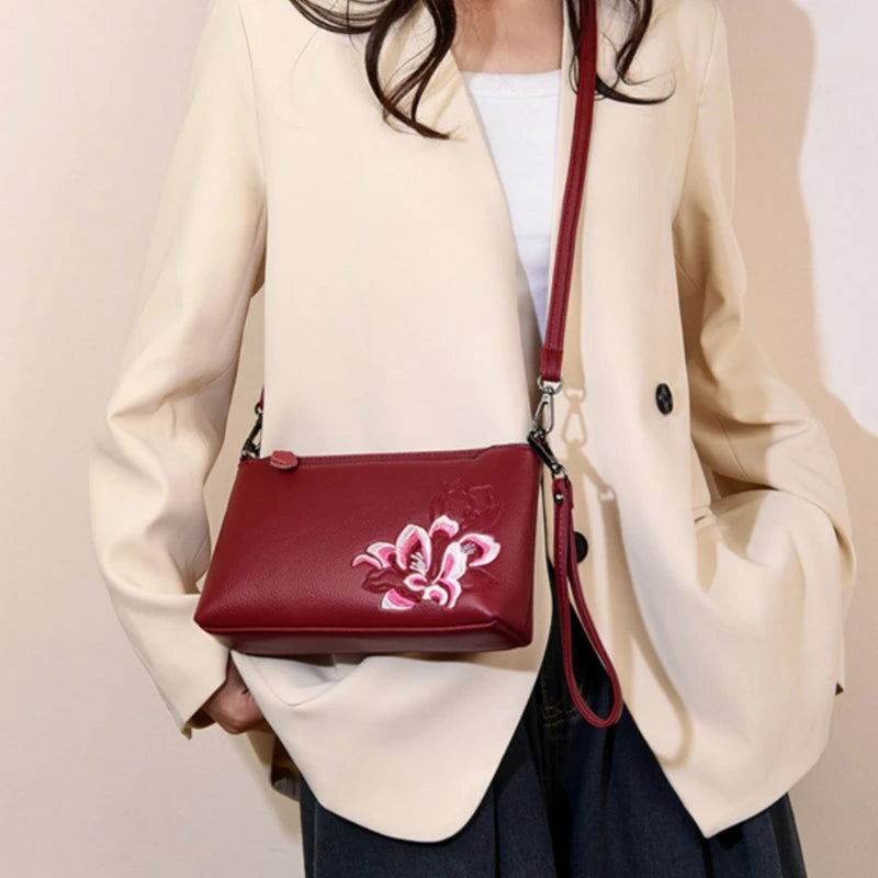 Embroidery Leather Shoulder Clutch Wallet Orchid - SinoCultural -- PWCD191-3