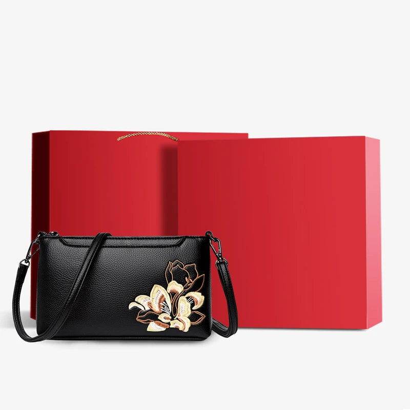Embroidery Leather Shoulder Clutch Wallet Orchid - SinoCultural -- PWCD191-3