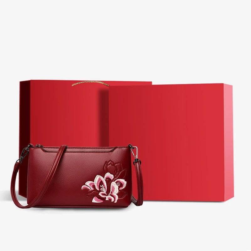Embroidery Leather Shoulder Clutch Wallet Orchid - SinoCultural -- PWCD191-3