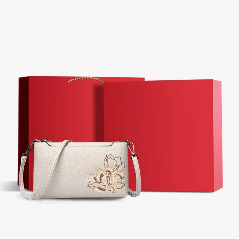 Embroidery Leather Shoulder Clutch Wallet Orchid - SinoCultural -- PWCD191-3