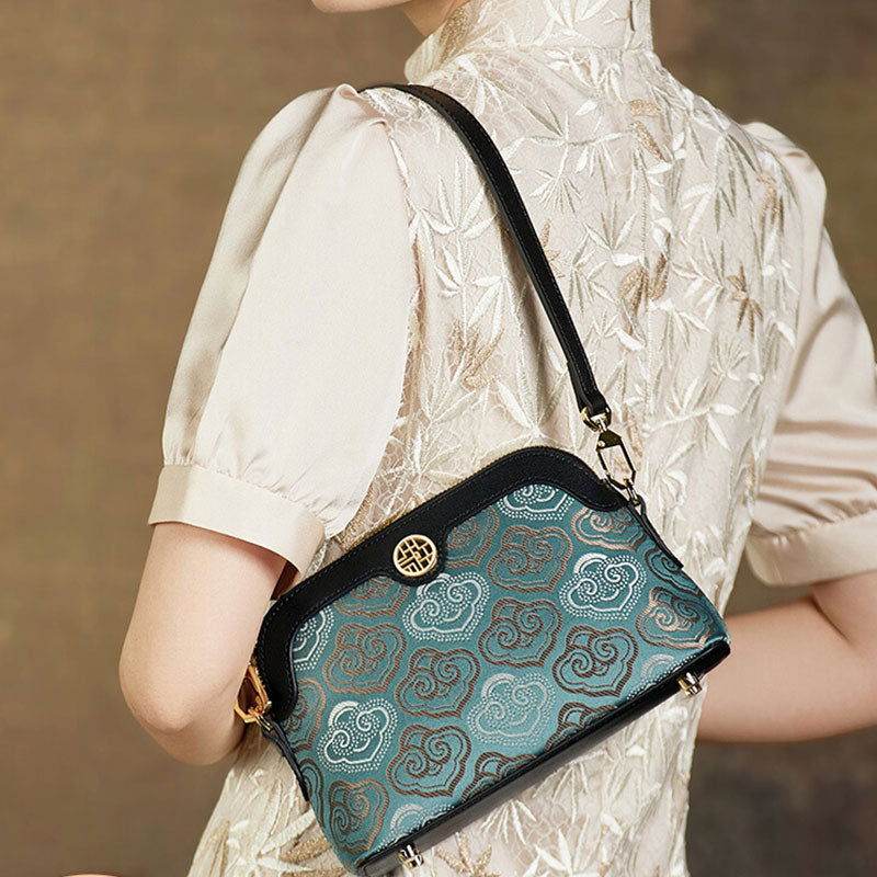 Embroidery Leather Shoulder Shell Bag Auspicious Clouds - SinoCultural -- SC1605-Q1
