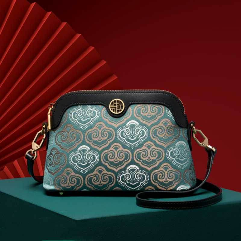 Embroidery Leather Shoulder Shell Bag Auspicious Clouds - SinoCultural -- SC1605-Q1