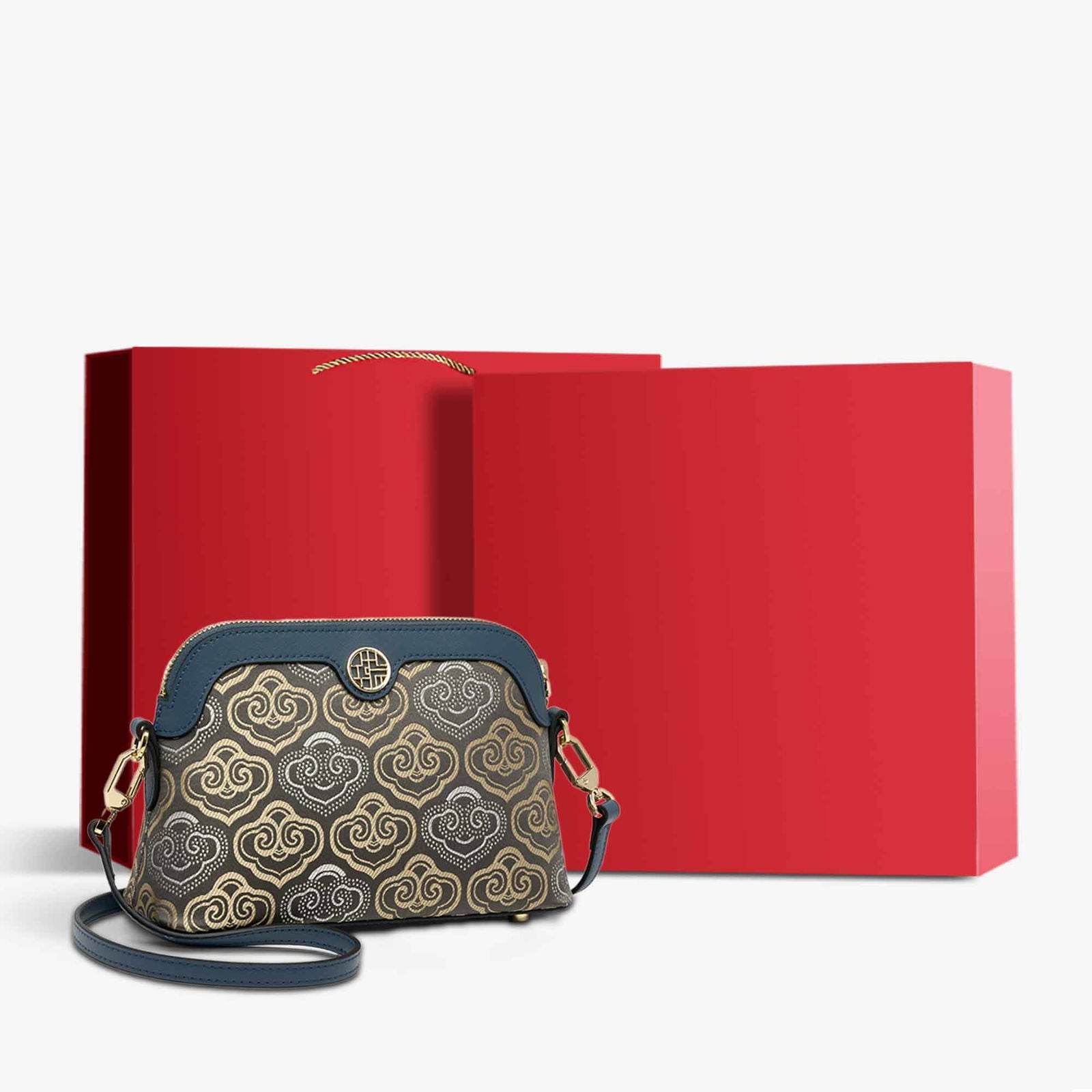 Embroidery Leather Shoulder Shell Bag Auspicious Clouds - SinoCultural -- SC1605-Q1