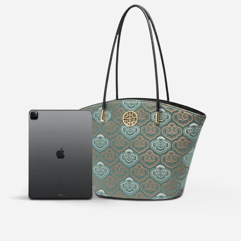 Embroidery Leather Shoulder Tote Bag Cloud Pattern Handbag - SinoCultural -- SC1682-A2