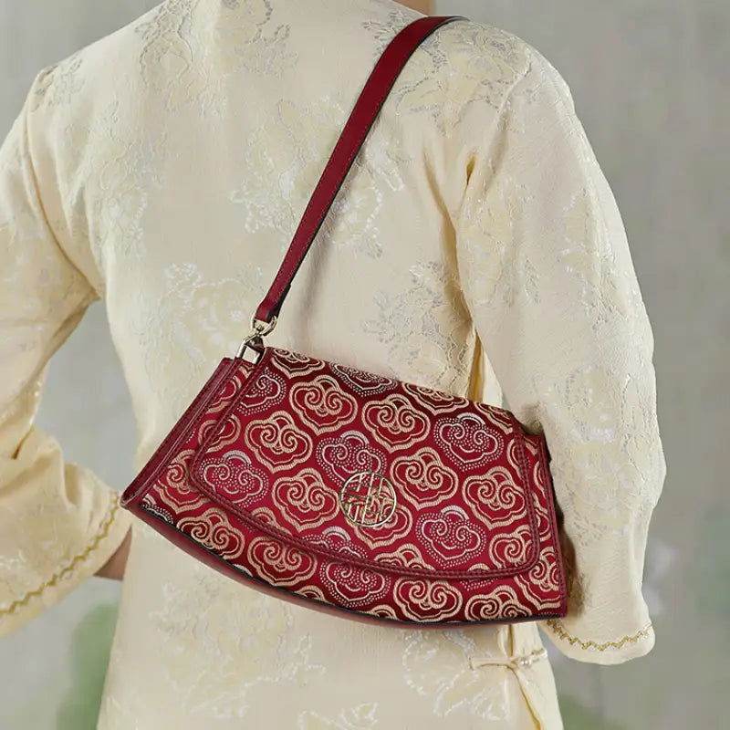 Embroidery Leather Single Shoulder Underarm Bag Auspicious Cloud - SinoCultural -- SC1688-D5 -