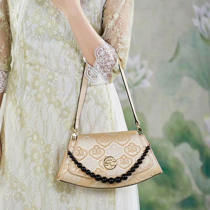 Embroidery Leather Single Shoulder Underarm Bag Auspicious Cloud - SinoCultural -- SC1688-D5 -