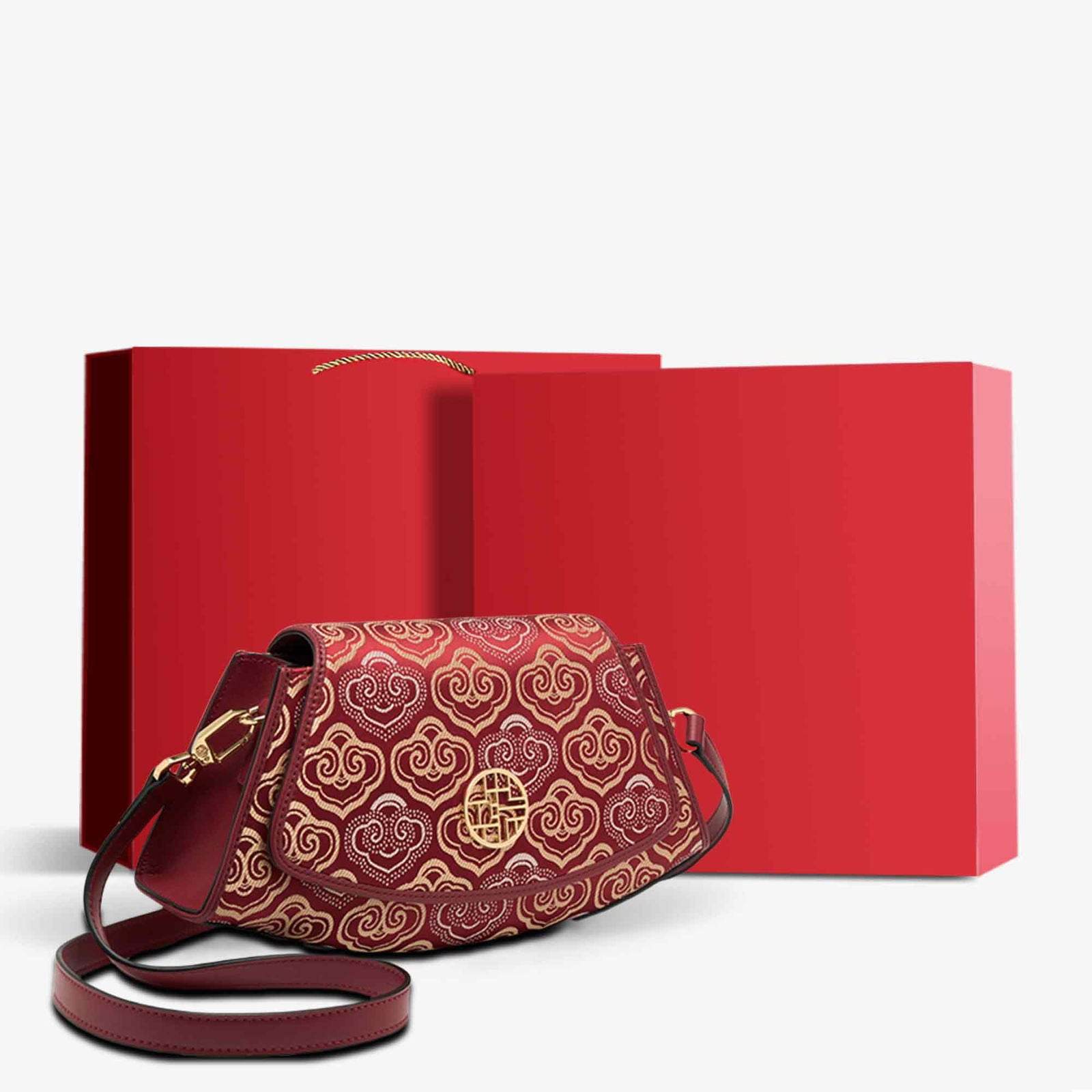 Embroidery Leather Single Shoulder Underarm Bag Auspicious Cloud - SinoCultural -- SC1688-D5 -