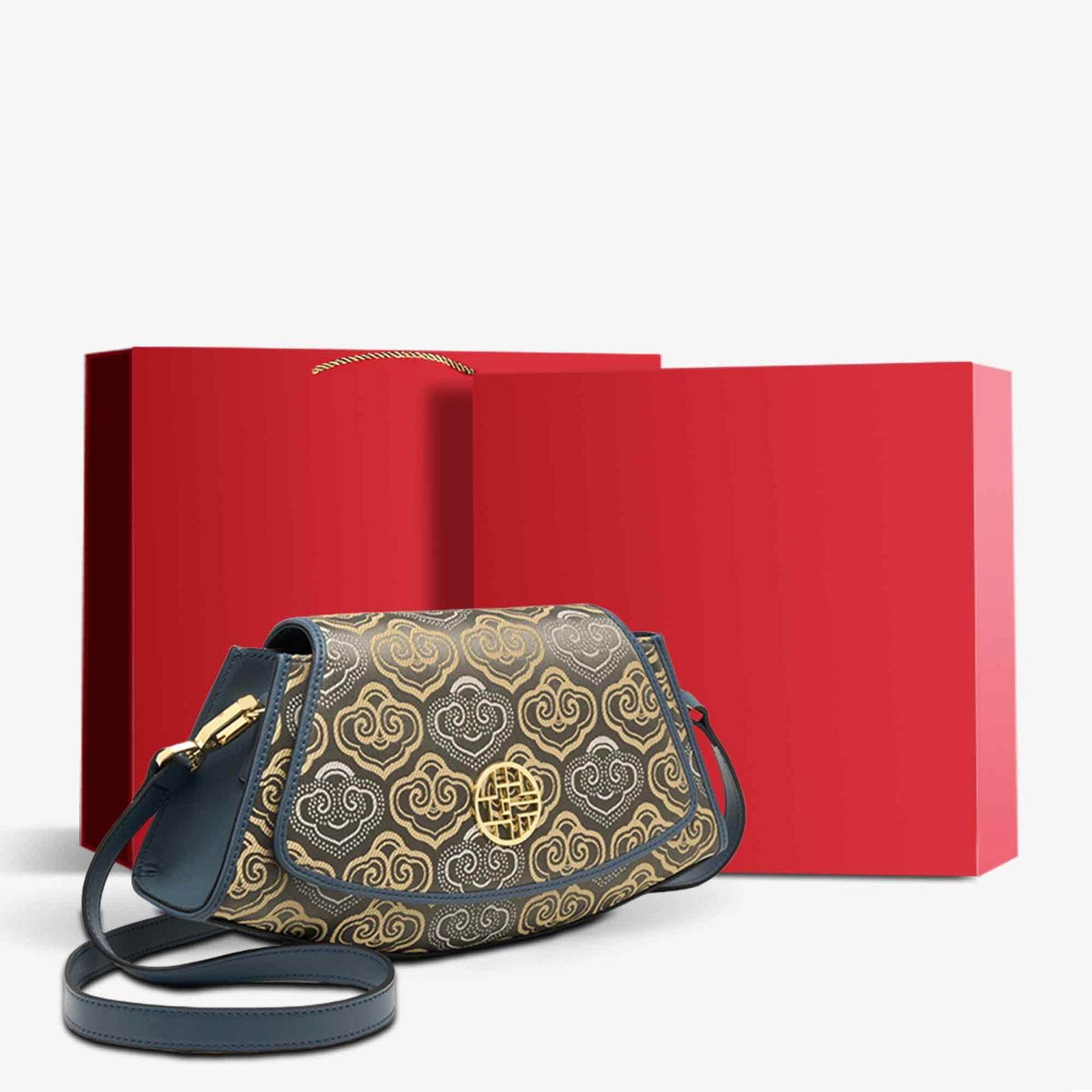 Embroidery Leather Single Shoulder Underarm Bag Auspicious Cloud - SinoCultural -- SC1688-D5 -