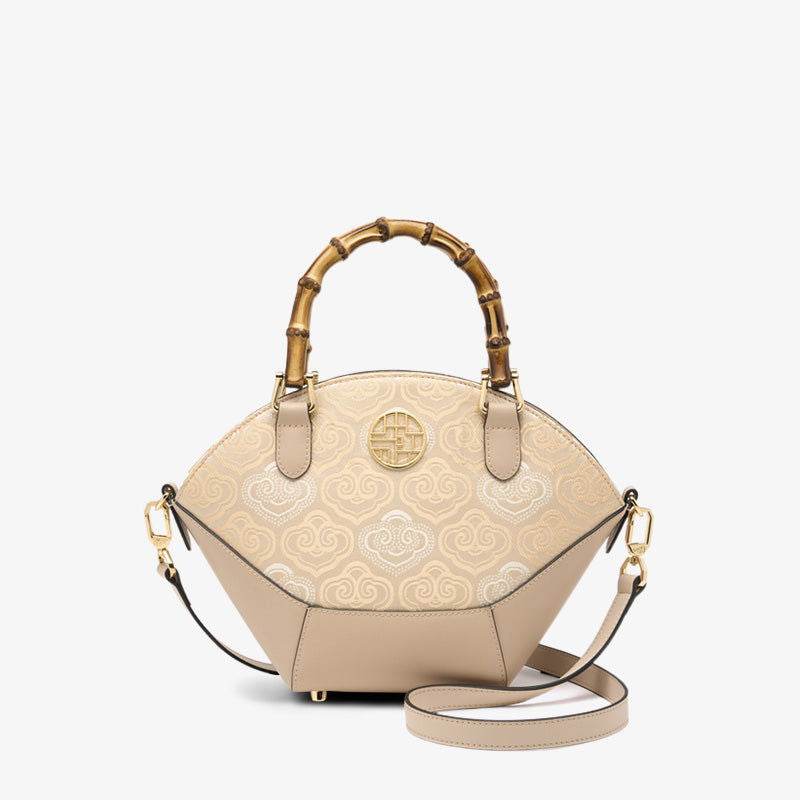 Embroidery Leather Tote Bag Bamboo Handle Auspicious Cloud - SinoCultural -- SC1689-B1 -