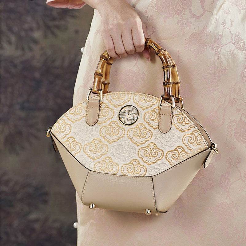 Embroidery Leather Tote Bag Bamboo Handle Auspicious Cloud - SinoCultural -- SC1689-B1 -