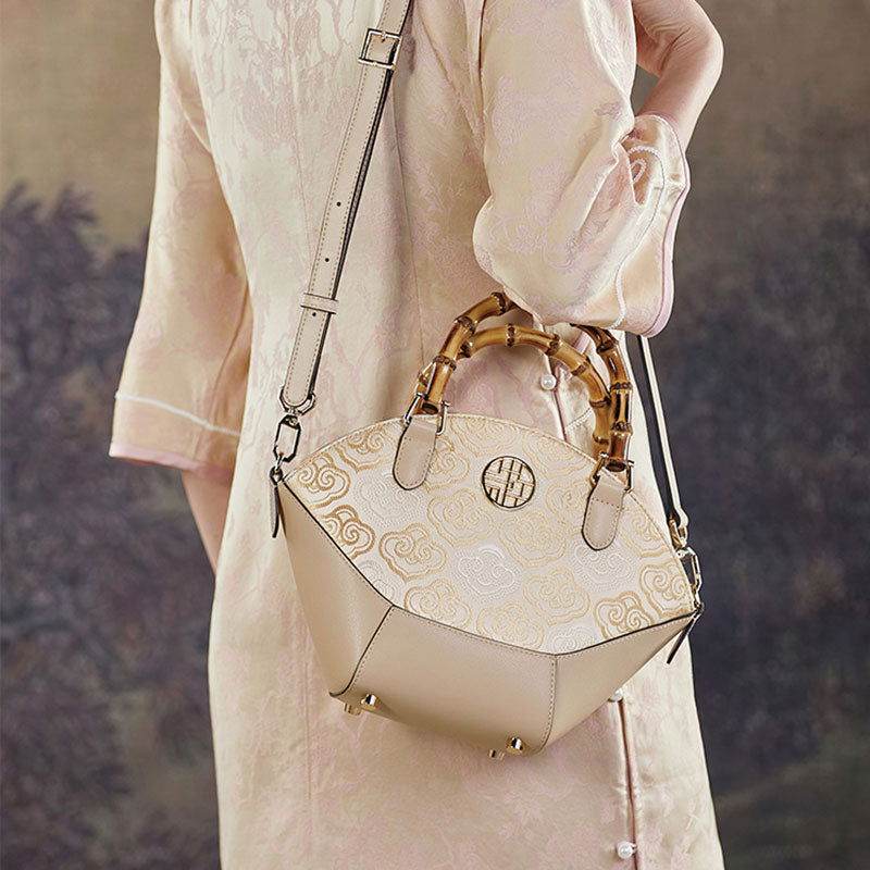 Embroidery Leather Tote Bag Bamboo Handle Auspicious Cloud - SinoCultural -- SC1689-B1 -