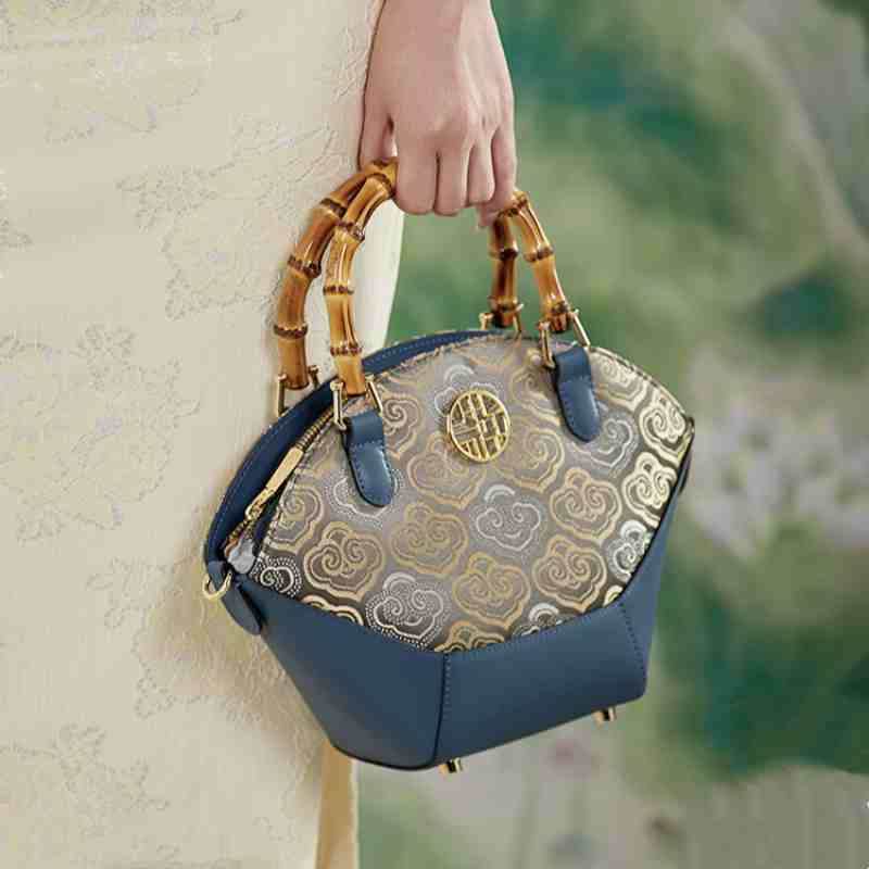 Embroidery Leather Tote Bag Bamboo Handle Auspicious Cloud - SinoCultural -- SC1689-B1 -