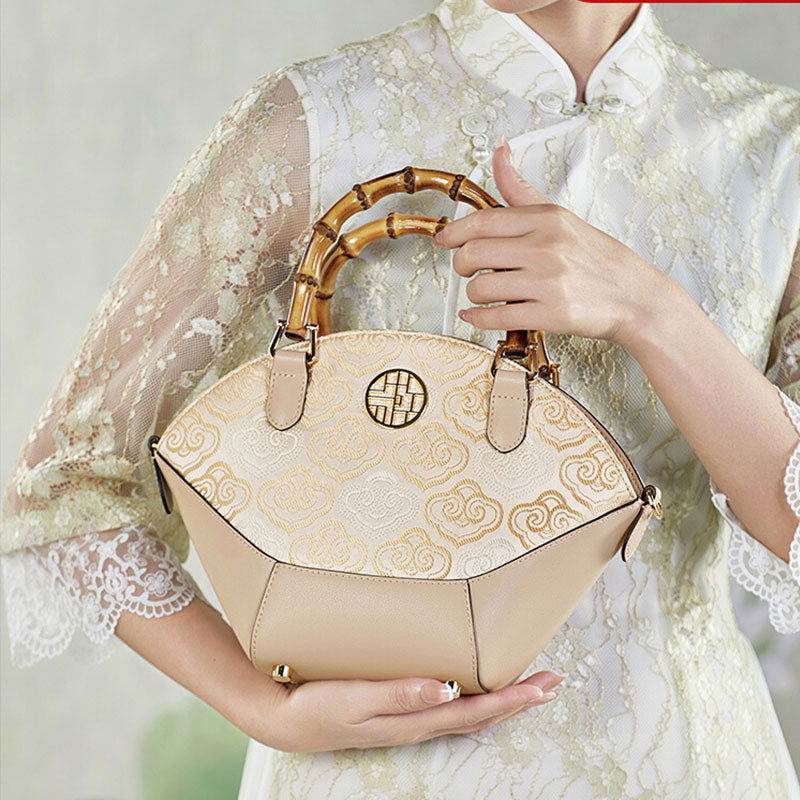 Embroidery Leather Tote Bag Bamboo Handle Auspicious Cloud - SinoCultural -- SC1689-B1 -