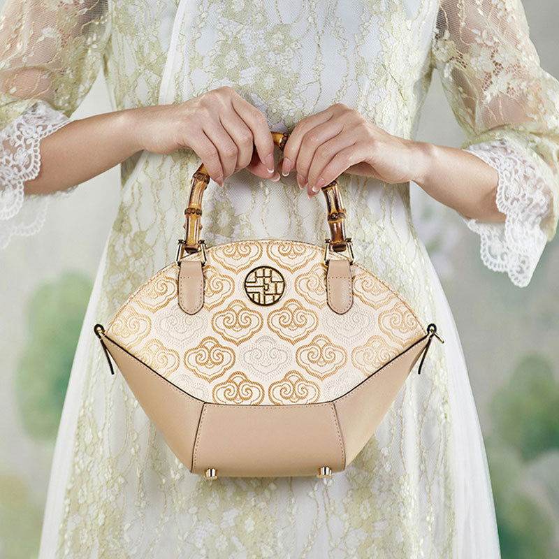 Embroidery Leather Tote Bag Bamboo Handle Auspicious Cloud - SinoCultural -- SC1689-B1 -
