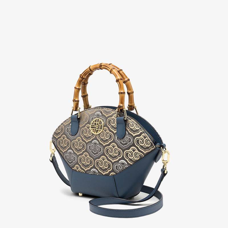 Embroidery Leather Tote Bag Bamboo Handle Auspicious Cloud - SinoCultural -- SC1689-B1 -